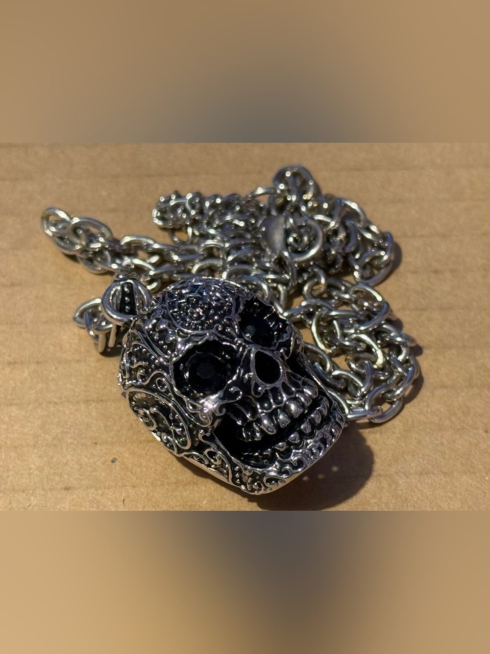 Silver Skull Pendant Necklace with Black Accents